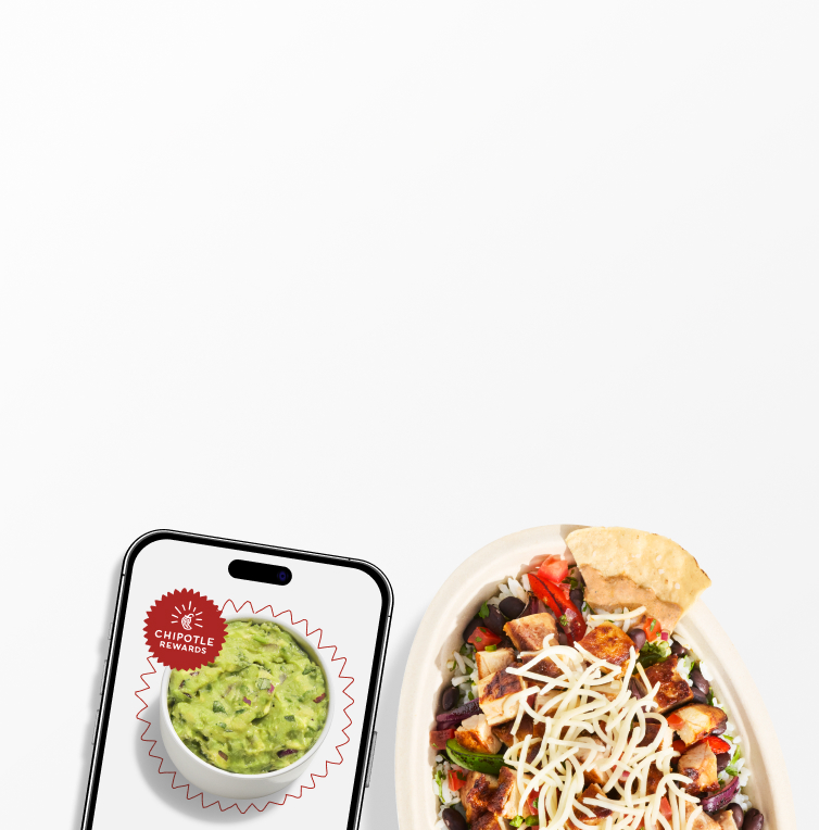 A side of fresh made Guacamole in a phone and a Chipotle Burrito Bowl with a freshly made tortilla chip dipped in our new Adobo Ranch.